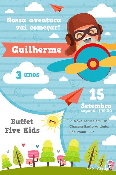 Modelo de Convite de Aniversario - Menino aviador Convite Menino aviador grátis para editar