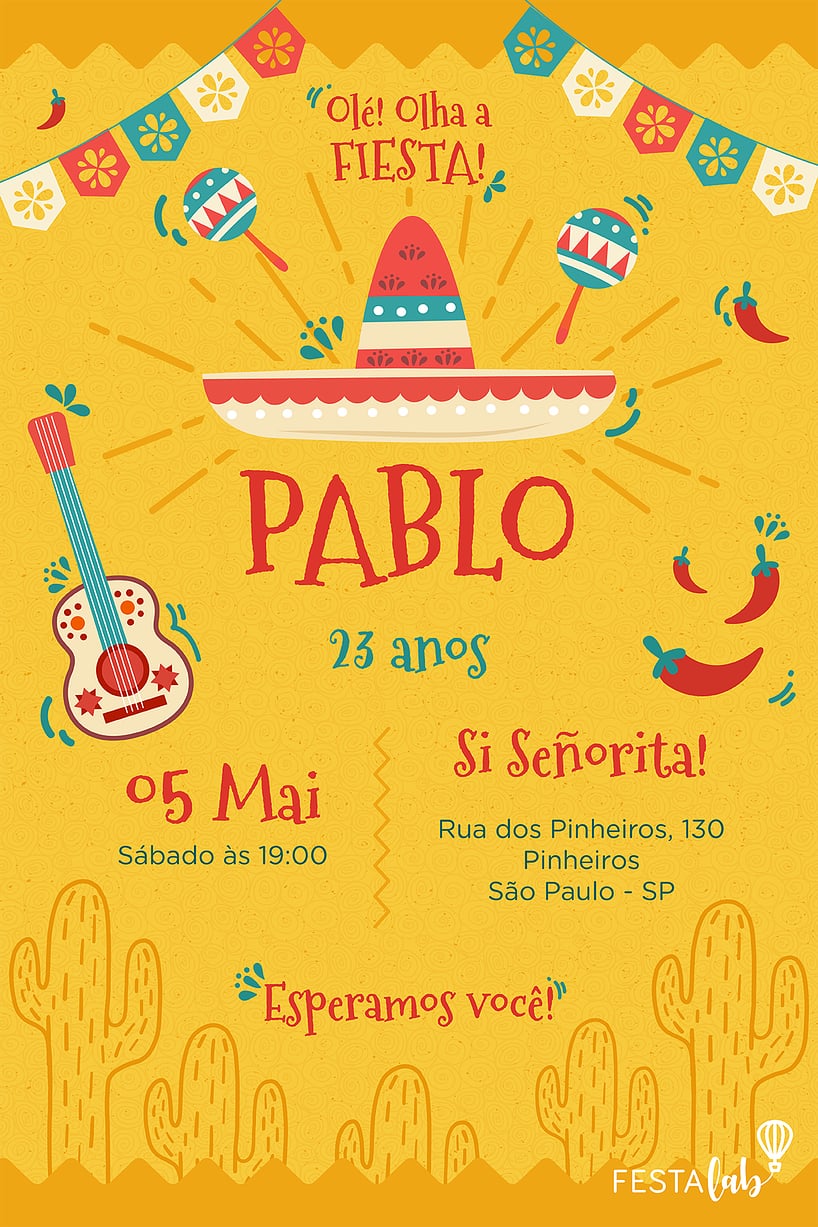 Modelo de Convite de Aniversario - Mexicano Criar convite de aniversário - Mexicano| FestaLab