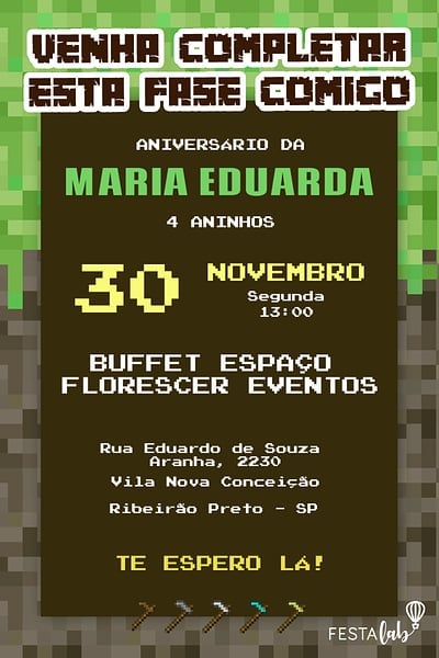 Modelo de Convite de Aniversario - Minecraft Convite Minecraft grátis para editar