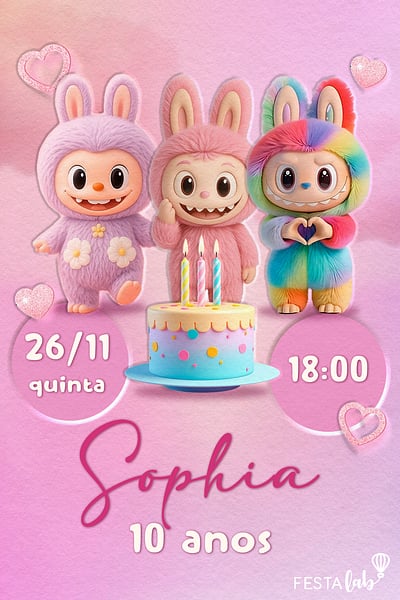 Convite Minha Festa Labubu grátis para editar