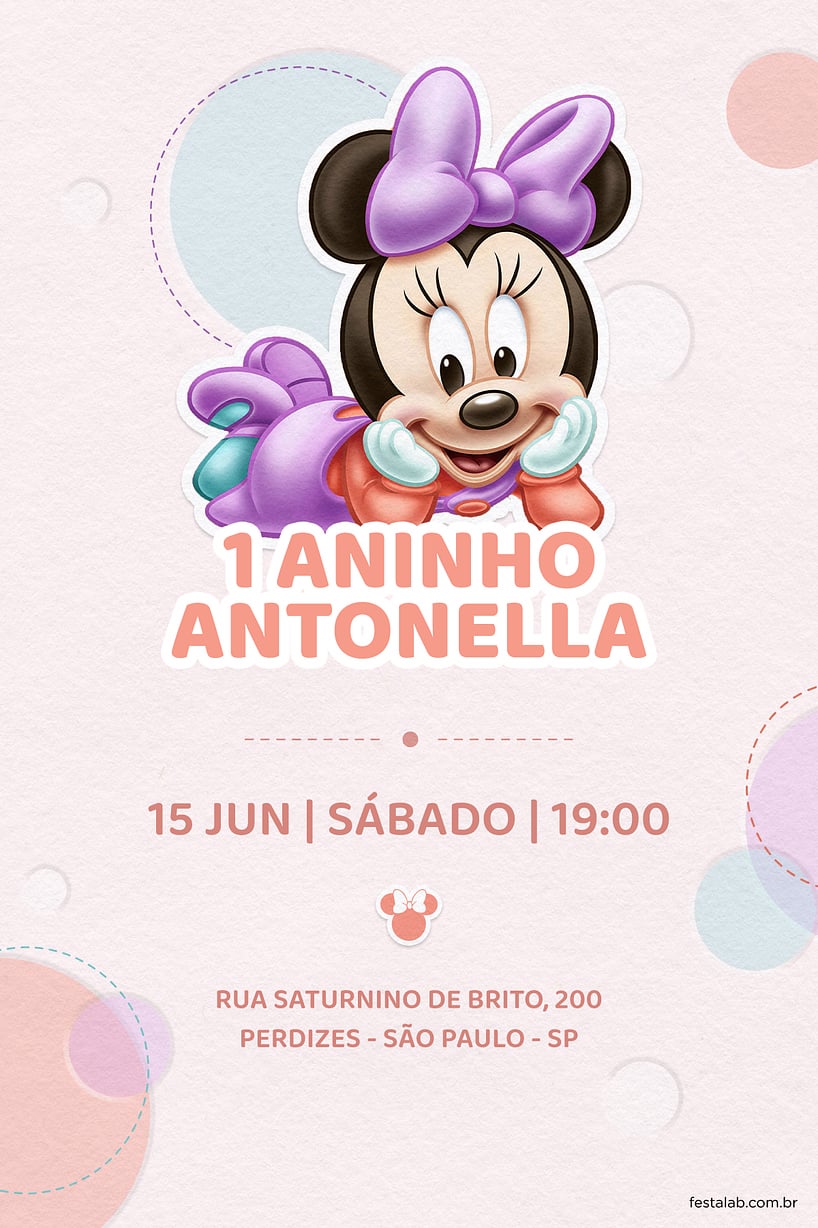 Convite de Aniversario - Minnie Baby Rosa
