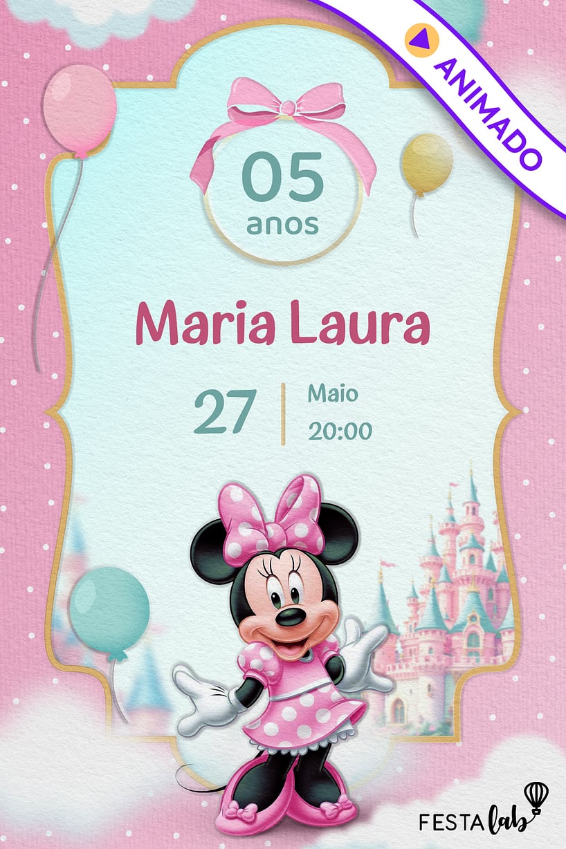 Convite de Aniversario - Minnie cor de Rosa