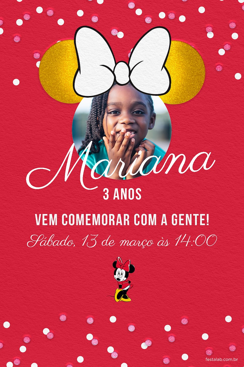 Convite Minnie dourado grátis para editar