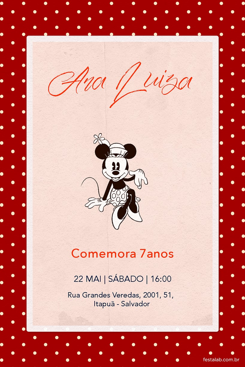 Convite Minnie Mouse Vintage grátis para editar
