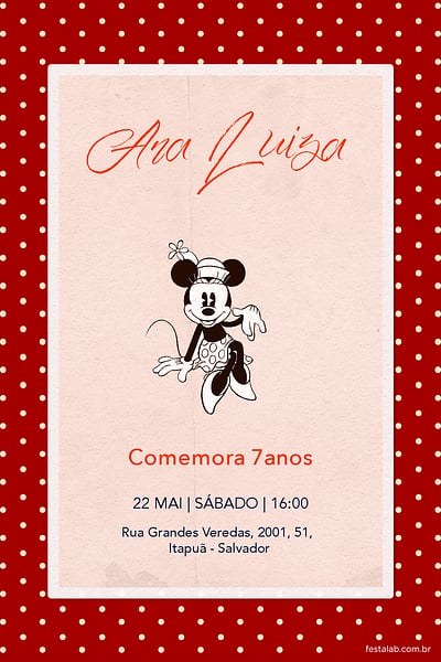 Criar convite de aniversário - Minnie Mouse Vintage| FestaLab