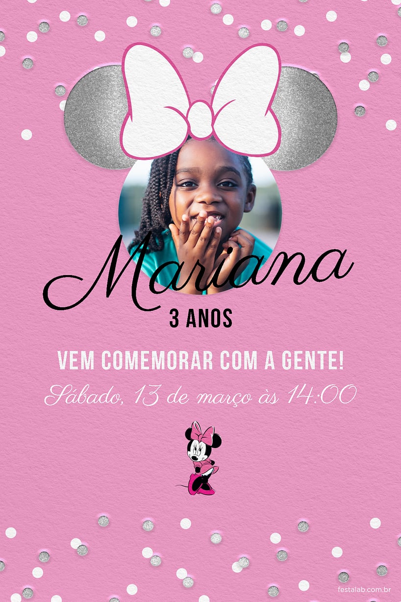 Convite Minnie prata grátis para editar