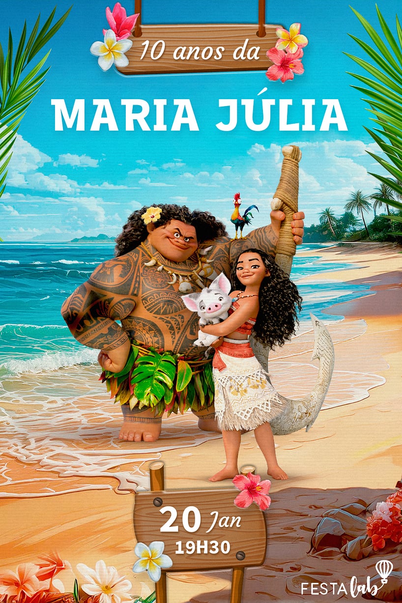 Convite Moana e Maui grátis para editar