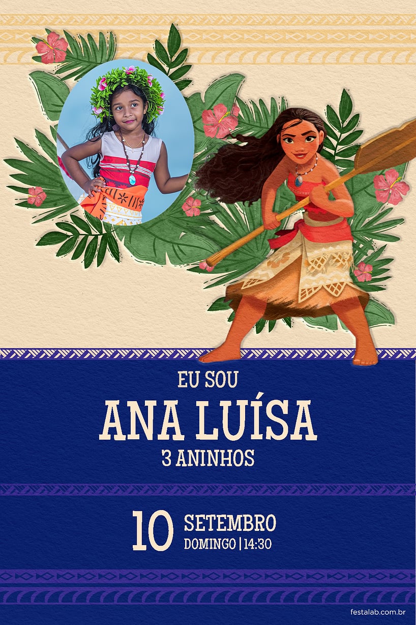Convite Moana tribal azul grátis para editar