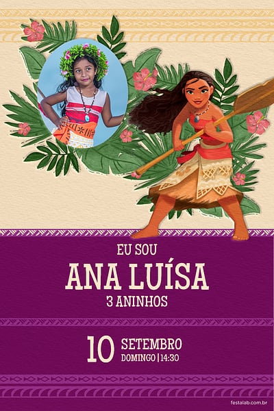 Modelo de Convite de Aniversario - Moana tribal roxo Convite Moana tribal roxo grátis para editar
