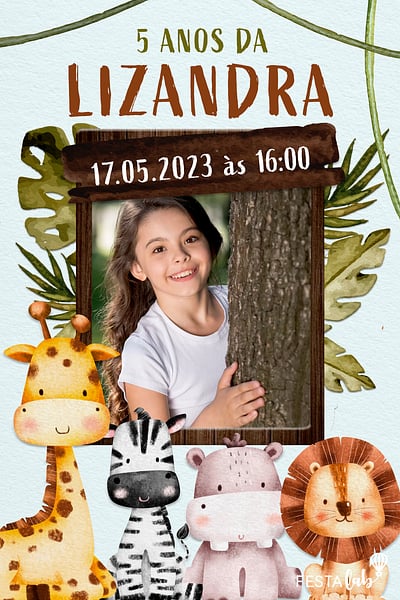 Modelo de Convite de Aniversario - Moldura de Safari Convite Moldura de Safari grátis para editar