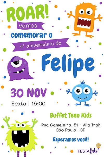 Criar convite de aniversário - Monstrinhos| FestaLab