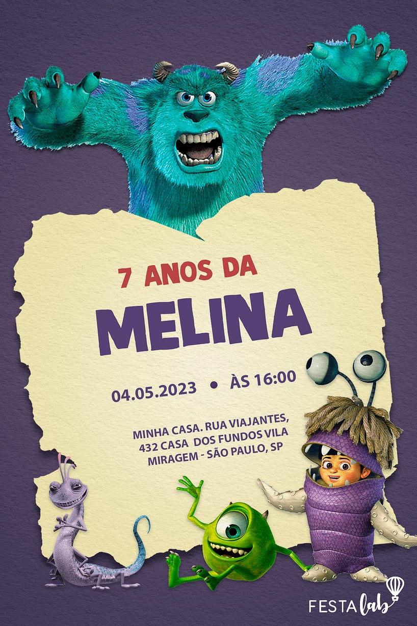 Convite Celebrando com Monstros S.A grátis para editar