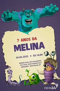 Modelo de Convite de Aniversario - Celebrando com Monstros S.A Convite Celebrando com Monstros S.A grátis para editar