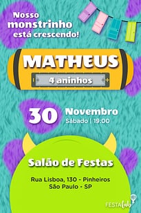 Modelo de Convite de Aniversario - Monstros S.A Convite Monstros S.A grátis para editar