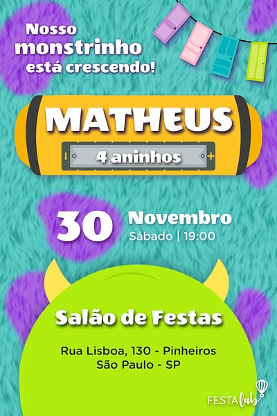 Modelo de Convite de Aniversario - Monstros S.A Convite Monstros S.A grátis para editar