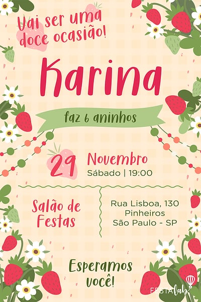 Modelo de Convite de Aniversario - Jardim dos moranguinhos Convite Jardim dos moranguinhos grátis para editar