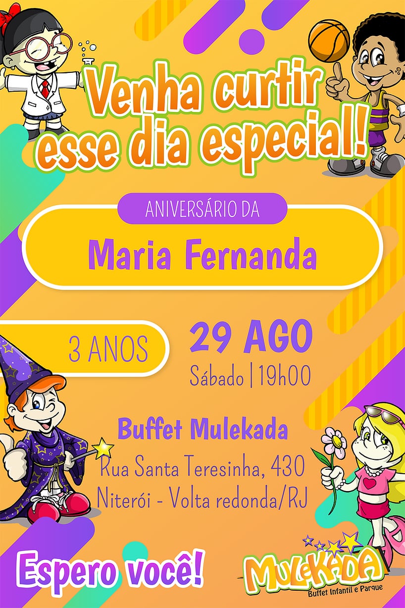 Modelo de Convite de Aniversario - Mulekada Buffet Infantil e Parque Criar convite de aniversário - Mulekada Buffet Infantil e Parque| Festalab