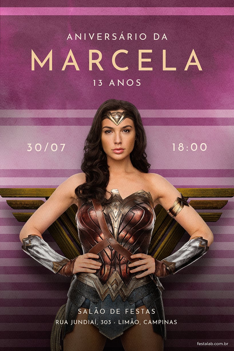 Convite Mulher maravilha lilas grátis para editar