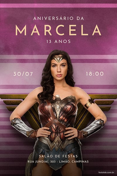 Modelo de Convite de Aniversario - Mulher maravilha lilas Convite Mulher maravilha lilas grátis para editar