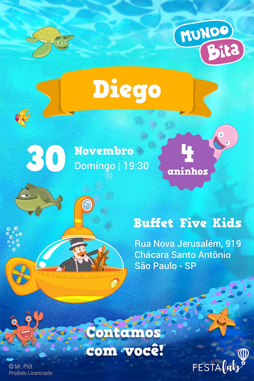 Convite Mundo Bita - Fundo do Mar grátis para editar