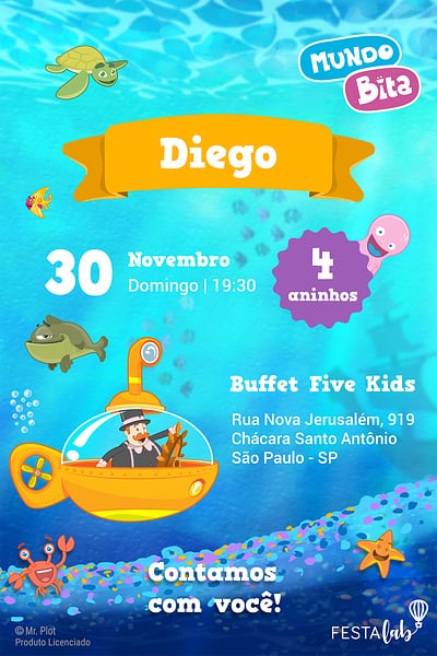 Modelo de Convite de Aniversario - Mundo Bita - Fundo do Mar Convite Mundo Bita - Fundo do Mar grátis para editar
