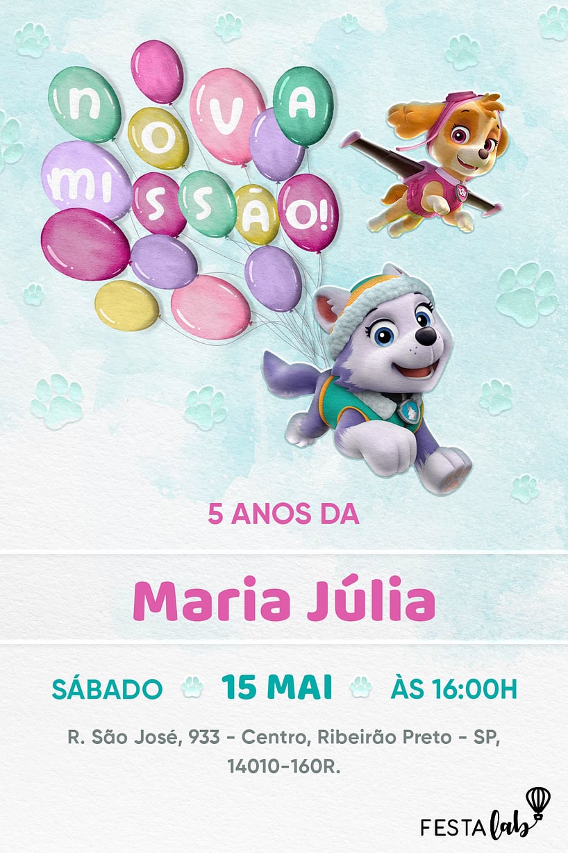 Convite Nova Missão Skye e Everest grátis para editar