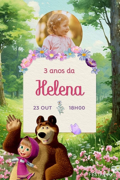 Modelo de Convite de Aniversario - O bosque da Masha e o Urso Convite O bosque da Masha e o Urso grátis para editar