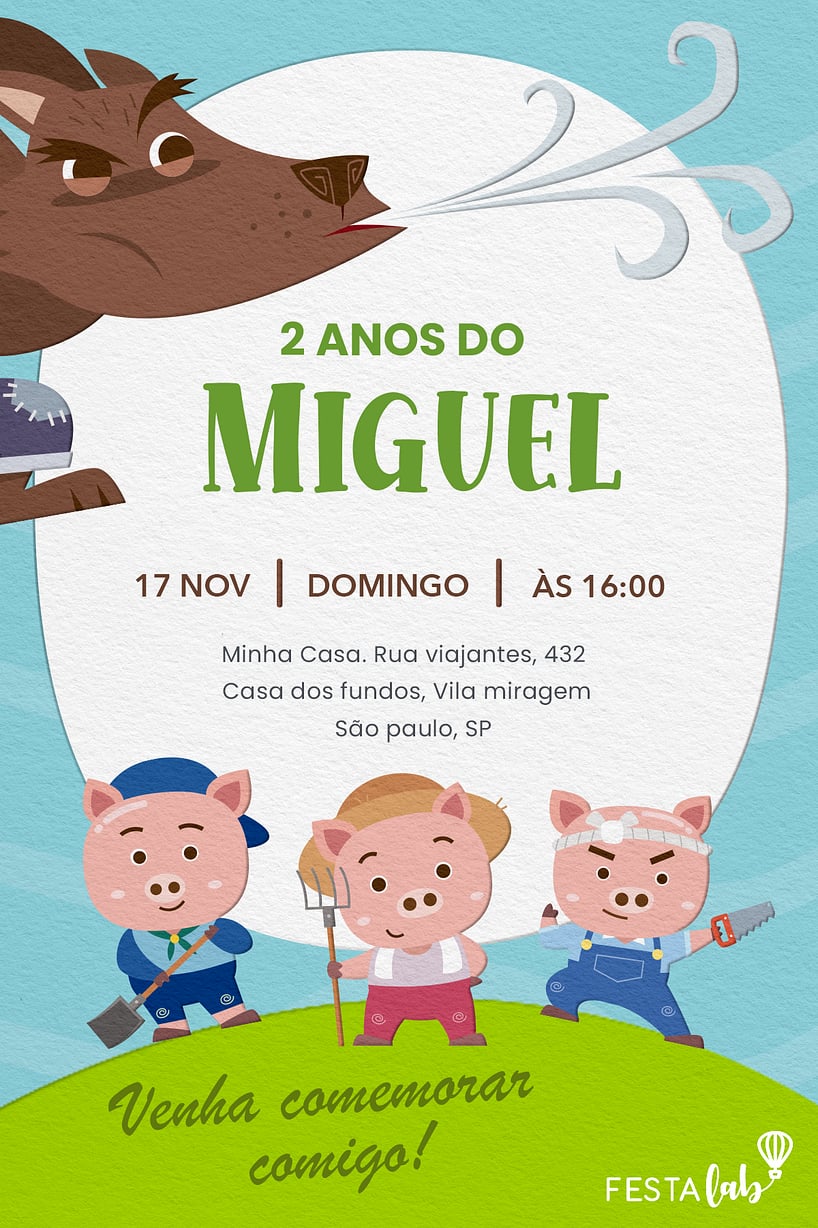 Convite Os três porquinhos grátis para editar