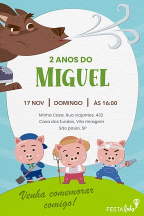 Modelo de Convite de Aniversario - Os tres porquinhos Convite de Aniversario - Os tres porquinhos
