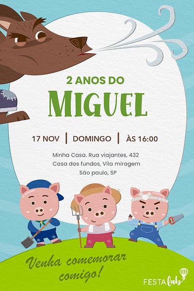 Modelo de Convite de Aniversario - Os tres porquinhos Convite Os três porquinhos grátis para editar
