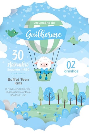 Modelo de Convite de Aniversario - Ovelha Baloeira azul Convite de Aniversario - Ovelha Baloeira azul