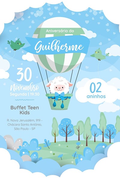 Modelo de Convite de Aniversario - Ovelha Baloeira azul Convite Ovelha Baloeira azul grátis para editar