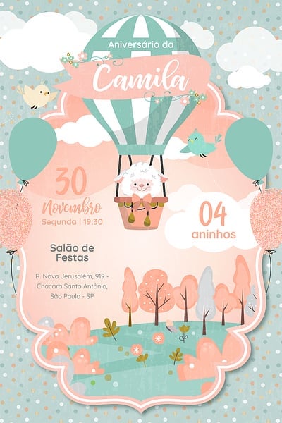 Modelo de Convite de Aniversario - Ovelha Baloeira verde Convite Ovelha Baloeira verde grátis para editar