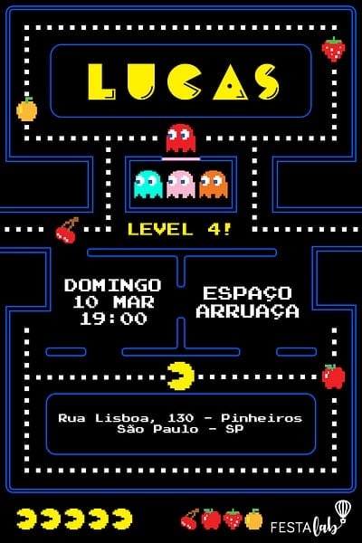 Modelo de Convite de Aniversario - Pac-Man Convite Pac-Man grátis para editar