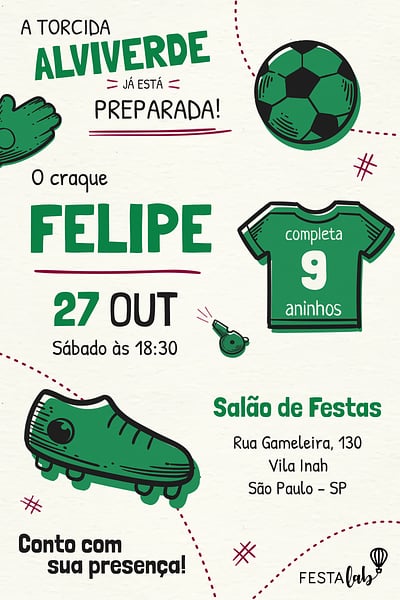 Modelo de Convite de Aniversario - Palmeiras Convite Palmeiras grátis para editar