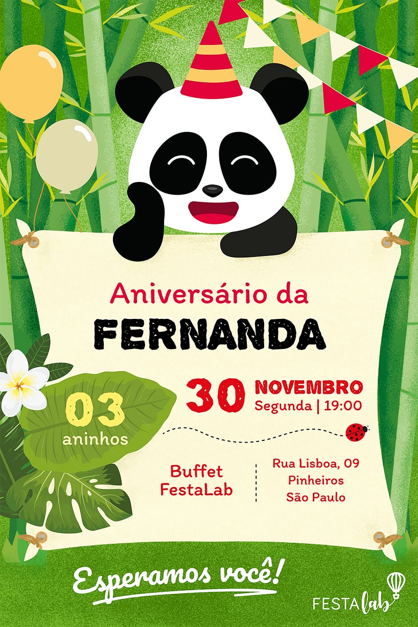 Convite Festinha do Panda grátis para editar