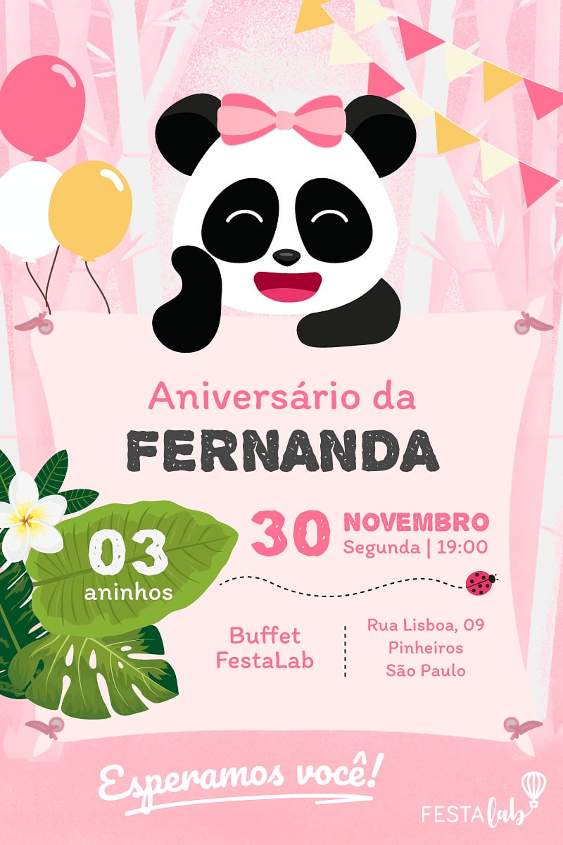 Criar convite de aniversário - Panda Rosinha| FestaLab