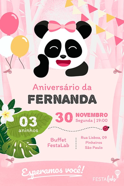 Modelo de Convite de Aniversario - Panda Rosinha Convite Panda Rosinha grátis para editar