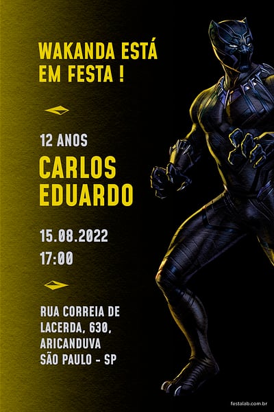 Modelo de Convite de Aniversario - Pantera Negra Amarelo Convite Pantera Negra Amarelo grátis para editar