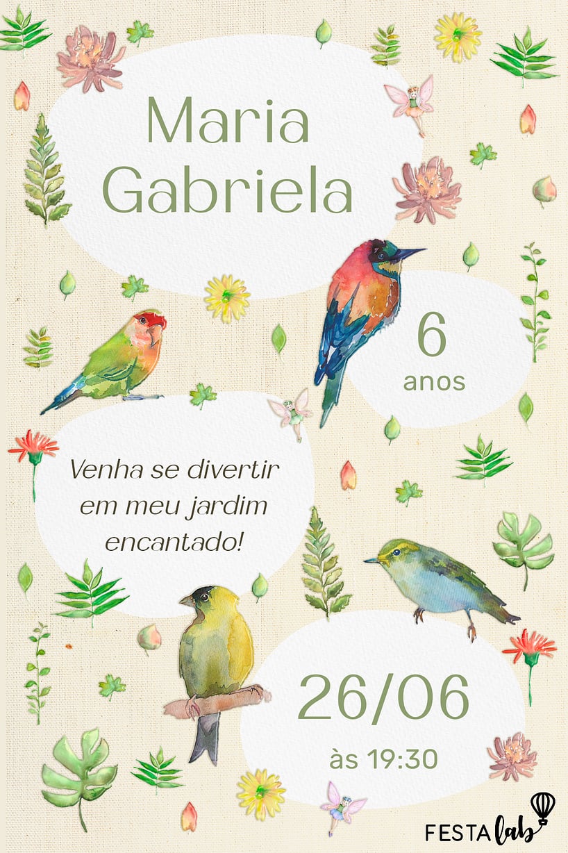 Criar convite de aniversário - Passarinhos no Jardim| FestaLab