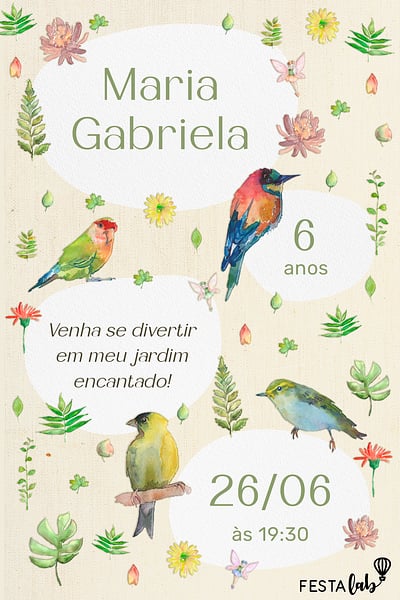 Modelo de Convite de Aniversario - Passarinhos no Jardim Convite Passarinhos no Jardim grátis para editar
