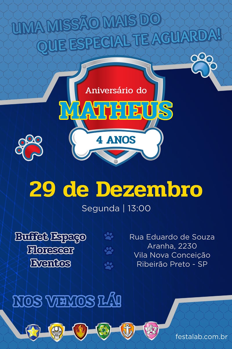 Convite Patrulha Canina grátis para editar