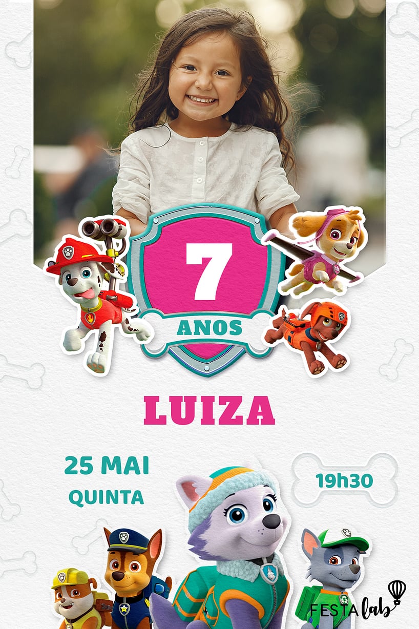 Convite Patrulha Canina em Ação Rosa grátis para editar