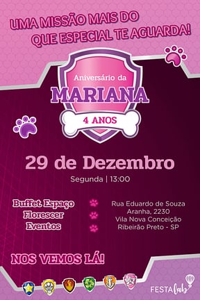 Modelo de Convite de Aniversario - Patrulha Canina - Rosa Convite de Aniversario - Patrulha Canina - Rosa