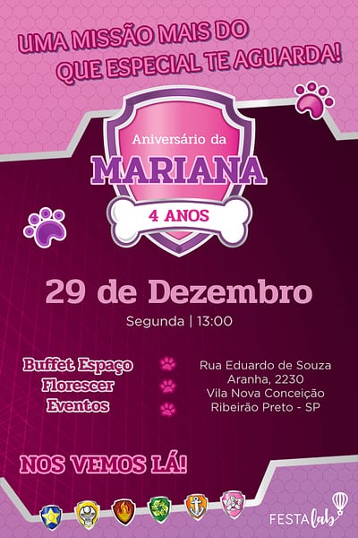 Modelo de Convite de Aniversario - Patrulha Canina - Rosa Convite Patrulha Canina - Rosa grátis para editar
