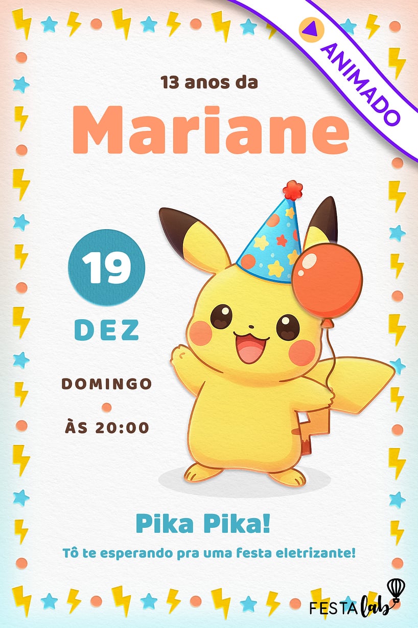 Convite Pika Pikachu grátis para editar
