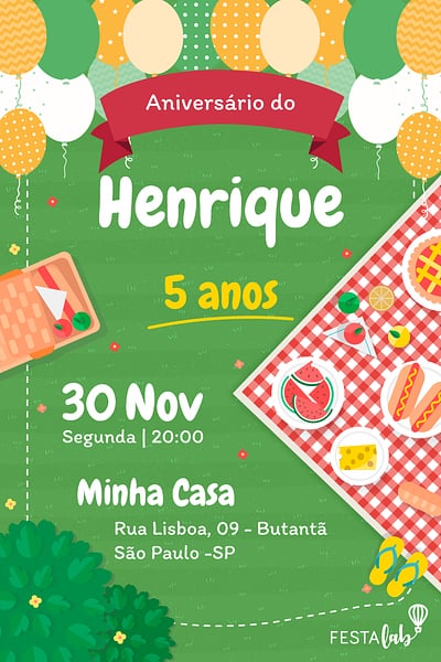 Modelo de Convite de Aniversario - Piquenique Convite Piquenique grátis para editar