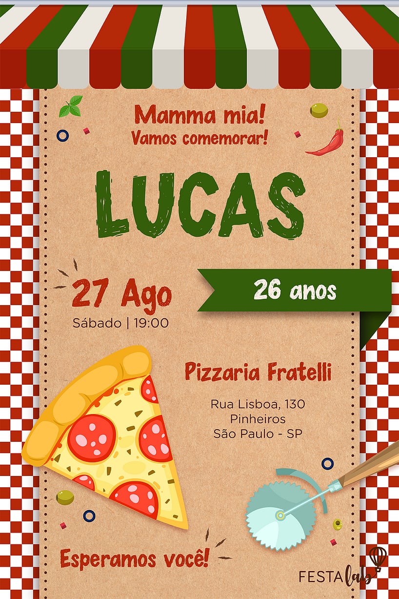 Criar convite de aniversário - Pizza| FestaLab