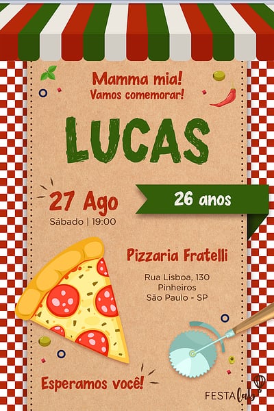 Modelo de Convite de Aniversario - Pizza Convite Pizza grátis para editar