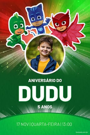 Modelo de Convite de Aniversario - PJ Mask - Herois verde Convite de Aniversario - PJ Mask - Herois verde